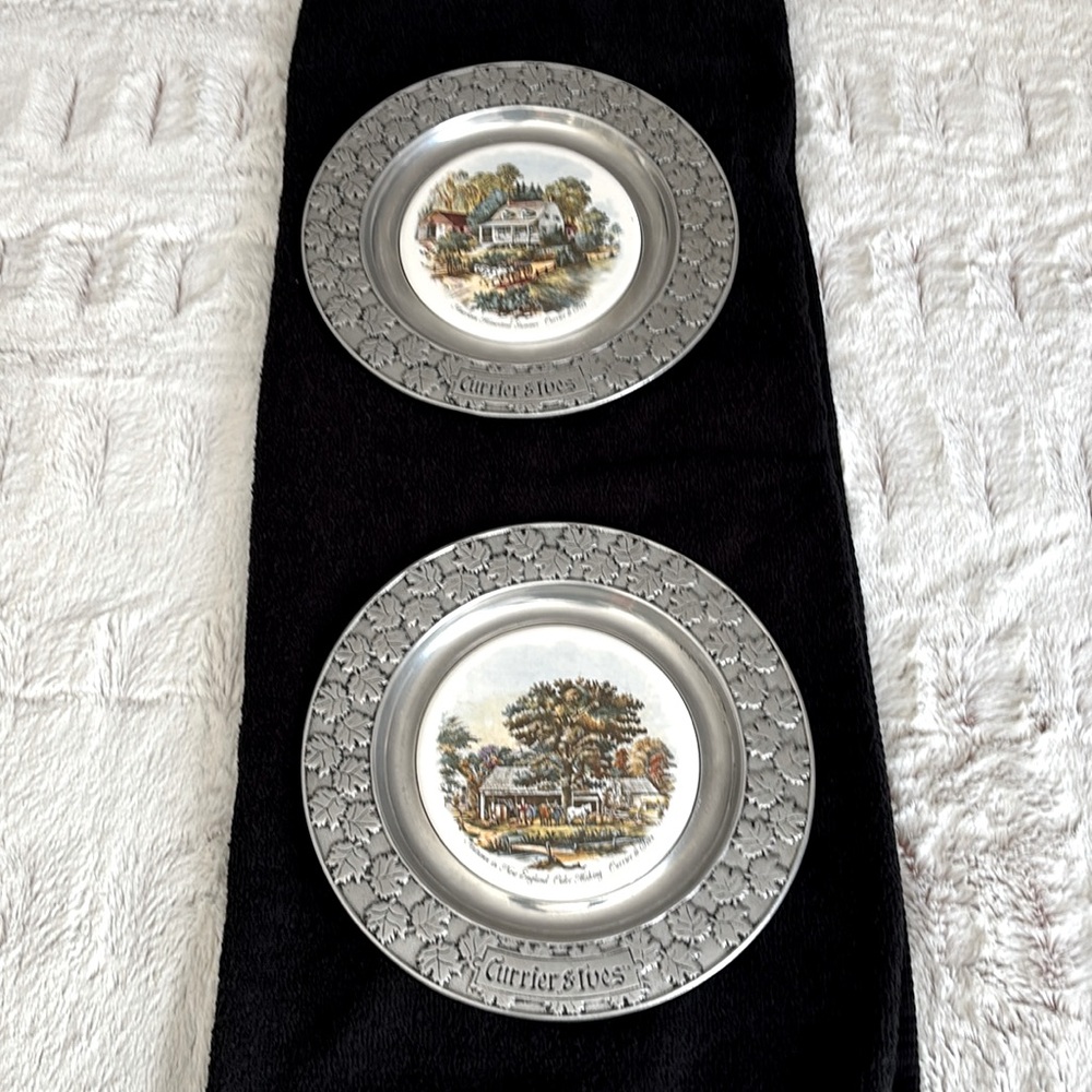 Two Currier & Ives Carson pewter/ceramic plates!!